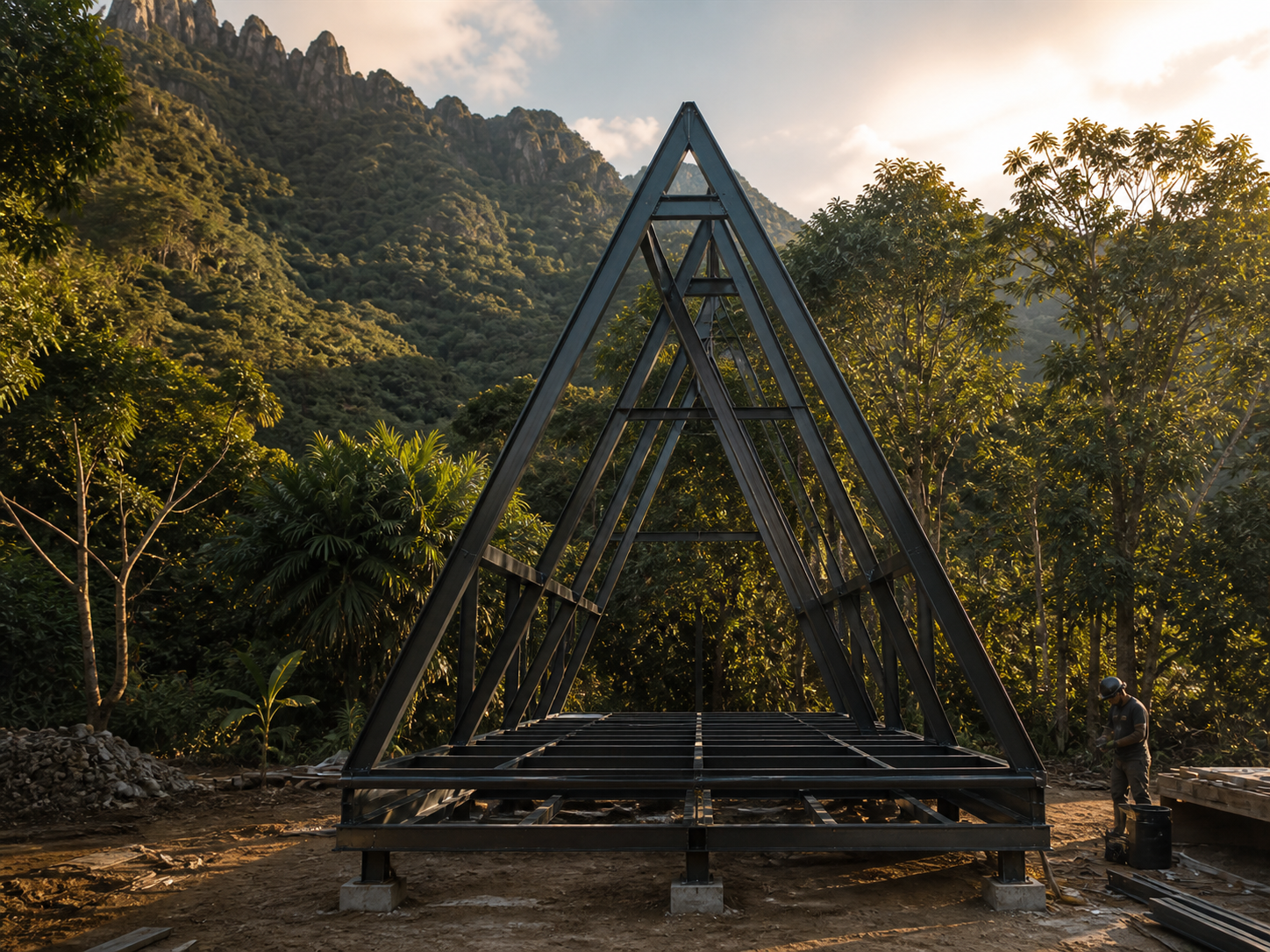 Estrutura metálica A-frame de uma cabana em montagem
